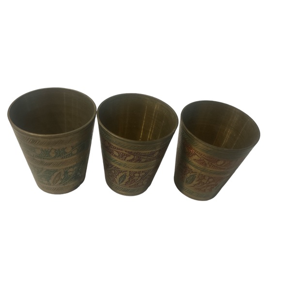3 Vintage Brass Etched Hand Painted Shot Glass Made in India Circa WWII VTG GUC - Picture 8 of 14